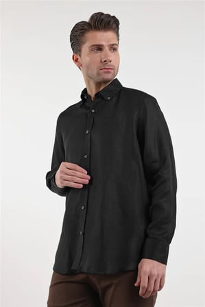 Uzun Kol Düz Keten Düğmeli Yaka Cepsiz Casual Comfort Fit Gömlek 1004250114