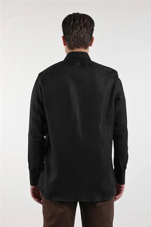 Uzun Kol Düz Keten Düğmeli Yaka Cepsiz Casual Comfort Fit Gömlek 1004250114