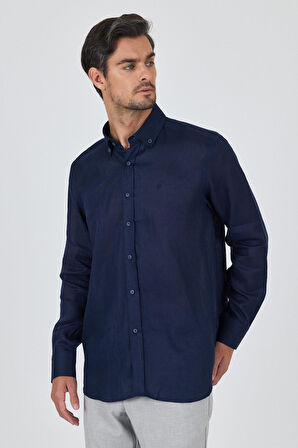 Uzun Kol Düz Keten Düğmeli Yaka Cepsiz Casual Comfort Fit Gömlek 1004250114