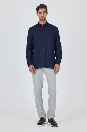 Uzun Kol Düz Keten Düğmeli Yaka Cepsiz Casual Comfort Fit Gömlek 1004250114