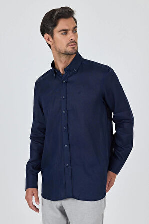 Uzun Kol Düz Keten Düğmeli Yaka Cepsiz Casual Comfort Fit Gömlek 1004250114