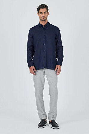 Uzun Kol Düz Keten Düğmeli Yaka Cepsiz Casual Comfort Fit Gömlek 1004250114
