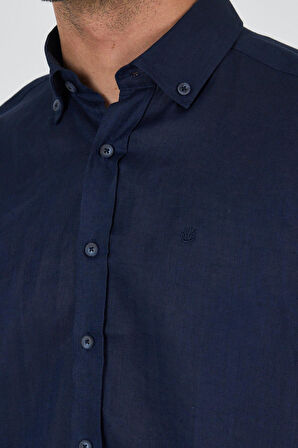 Uzun Kol Düz Keten Düğmeli Yaka Cepsiz Casual Comfort Fit Gömlek 1004250114