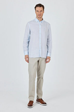 Uzun Kol Düz Keten Düğmeli Yaka Cepsiz Casual Comfort Fit Gömlek 1004250114