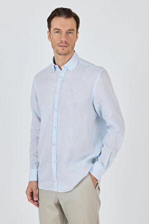 Uzun Kol Düz Keten Düğmeli Yaka Cepsiz Casual Comfort Fit Gömlek 1004250114
