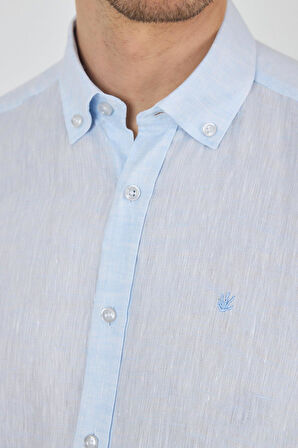 Uzun Kol Düz Keten Düğmeli Yaka Cepsiz Casual Comfort Fit Gömlek 1004250114