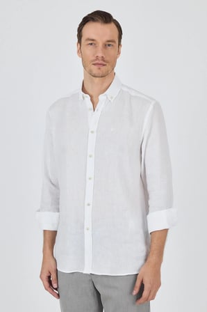 Uzun Kol Düz Keten Düğmeli Yaka Cepsiz Casual Comfort Fit Gömlek 1004250114