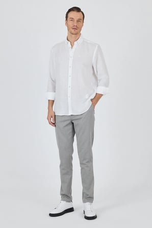 Uzun Kol Düz Keten Düğmeli Yaka Cepsiz Casual Comfort Fit Gömlek 1004250114