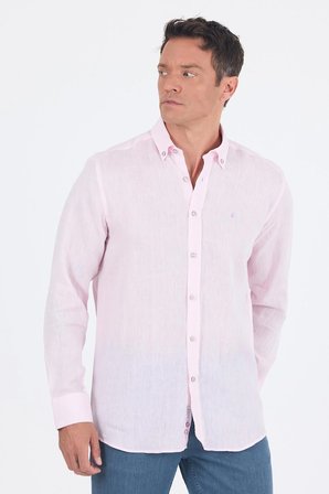 Uzun Kol Düz Keten Düğmeli Yaka Cepsiz Casual Comfort Fit Gömlek 1004250114