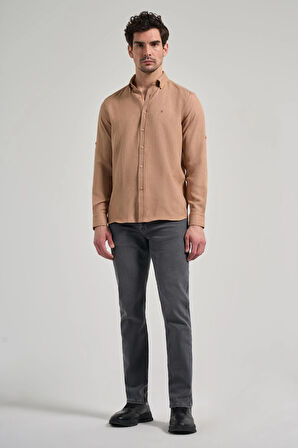Camel Kısalabilir Kol Düz Gabardin Düğmeli Yaka Cepsiz Casual Slim Fit Gömlek 1004250124_595
