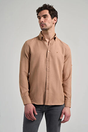 Camel Kısalabilir Kol Düz Gabardin Düğmeli Yaka Cepsiz Casual Slim Fit Gömlek 1004250124_595