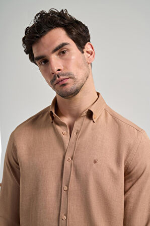 Camel Kısalabilir Kol Düz Gabardin Düğmeli Yaka Cepsiz Casual Slim Fit Gömlek 1004250124_595