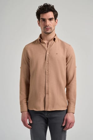 Camel Kısalabilir Kol Düz Gabardin Düğmeli Yaka Cepsiz Casual Slim Fit Gömlek 1004250124_595