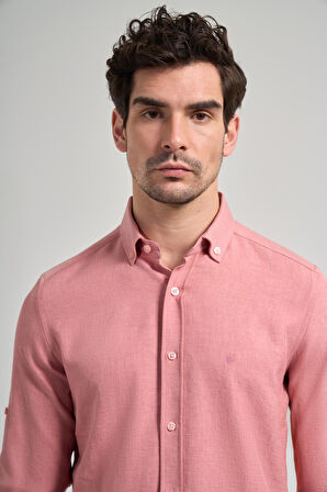 Pembe Kısalabilir Kol Düz Gabardin Düğmeli Yaka Cepsiz Casual Slim Fit Gömlek 1004250124_965