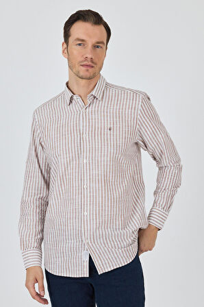 Kahverengi Kısalabilir Kol Cepsiz Pamuk Casual Comfort Fit Gömlek 1004250128