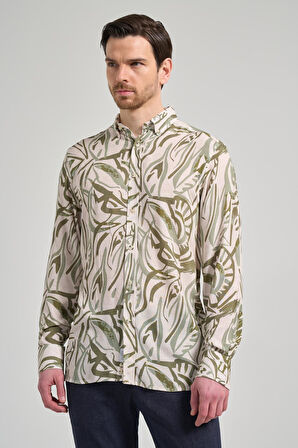 Koyu Haki Uzun Kol Baskılı Düğmeli Yaka Cepsiz Casual Slim Fit Gömlek 1004250138