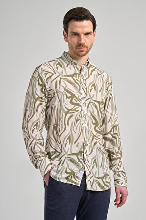 Koyu Haki Uzun Kol Baskılı Düğmeli Yaka Cepsiz Casual Slim Fit Gömlek 1004250138