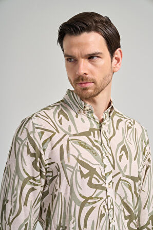 Koyu Haki Uzun Kol Baskılı Düğmeli Yaka Cepsiz Casual Slim Fit Gömlek 1004250138