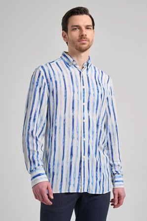 Uzun Kol Baskılı Bez Ayağı Düğmeli Yaka Cepsiz Keten Karışımlı Casual Comfort Fit Gömlek 1004250139