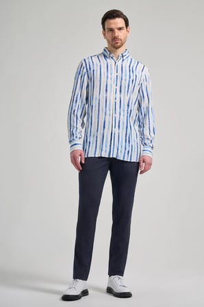 Uzun Kol Baskılı Bez Ayağı Düğmeli Yaka Cepsiz Keten Karışımlı Casual Comfort Fit Gömlek 1004250139