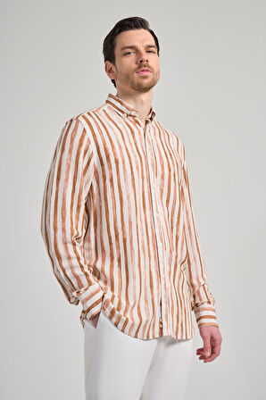 Uzun Kol Baskılı Bez Ayağı Düğmeli Yaka Cepsiz Keten Karışımlı Casual Comfort Fit Gömlek 1004250139