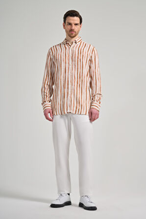 Uzun Kol Baskılı Bez Ayağı Düğmeli Yaka Cepsiz Keten Karışımlı Casual Comfort Fit Gömlek 1004250139