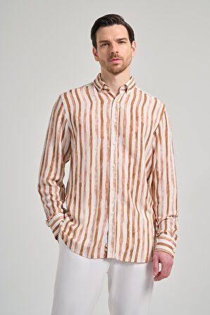 Uzun Kol Baskılı Bez Ayağı Düğmeli Yaka Cepsiz Keten Karışımlı Casual Comfort Fit Gömlek 1004250139