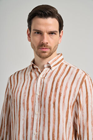 Uzun Kol Baskılı Bez Ayağı Düğmeli Yaka Cepsiz Keten Karışımlı Casual Comfort Fit Gömlek 1004250139