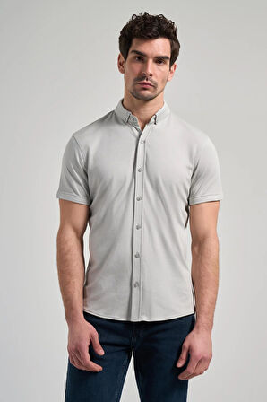 Gri Uzun Kol Düz Örme Düğmeli Yaka Cepsiz Pamuklu Classic Slim Fit Gömlek 1004250152_100