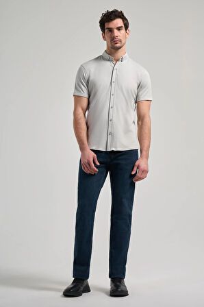 Gri Uzun Kol Düz Örme Düğmeli Yaka Cepsiz Pamuklu Classic Slim Fit Gömlek 1004250152_100