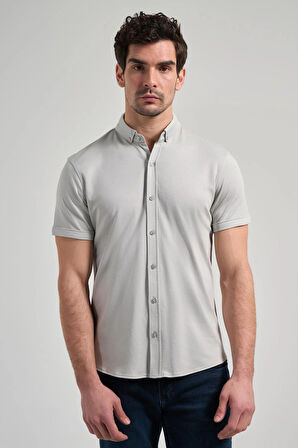 Gri Uzun Kol Düz Örme Düğmeli Yaka Cepsiz Pamuklu Classic Slim Fit Gömlek 1004250152_100