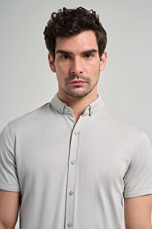 Gri Uzun Kol Düz Örme Düğmeli Yaka Cepsiz Pamuklu Classic Slim Fit Gömlek 1004250152_100