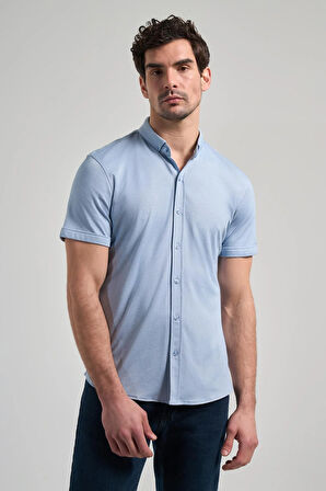 Koyu Mavi Uzun Kol Düz Örme Düğmeli Yaka Cepsiz Pamuklu Classic Slim Fit Gömlek 1004250152_300