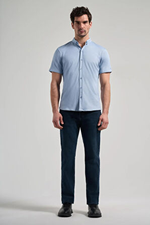 Koyu Mavi Uzun Kol Düz Örme Düğmeli Yaka Cepsiz Pamuklu Classic Slim Fit Gömlek 1004250152_300