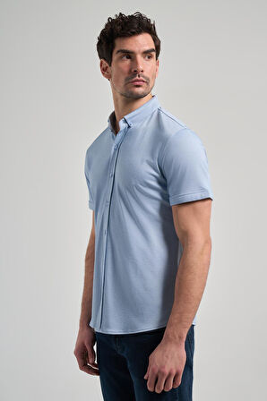 Koyu Mavi Uzun Kol Düz Örme Düğmeli Yaka Cepsiz Pamuklu Classic Slim Fit Gömlek 1004250152_300