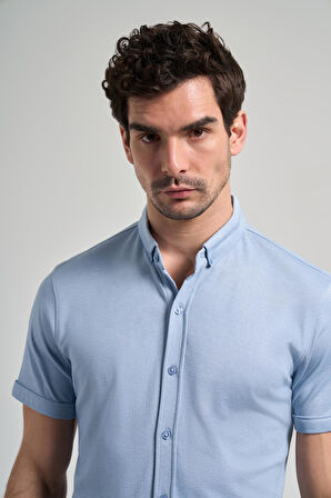 Koyu Mavi Uzun Kol Düz Örme Düğmeli Yaka Cepsiz Pamuklu Classic Slim Fit Gömlek 1004250152_300