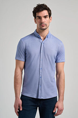 Saks Uzun Kol Düz Örme Düğmeli Yaka Cepsiz Pamuklu Classic Slim Fit Gömlek 1004250152_305