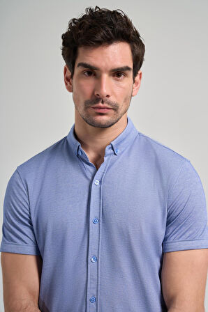 Saks Uzun Kol Düz Örme Düğmeli Yaka Cepsiz Pamuklu Classic Slim Fit Gömlek 1004250152_305