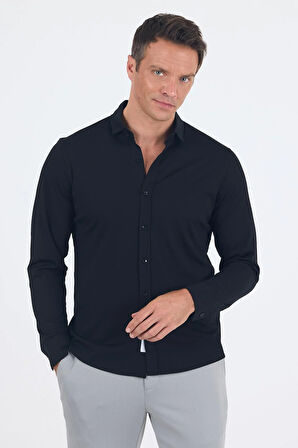 Siyah Uzun Kol Düz Örme Polo Yaka Cepsiz Esnek Classic Slim Fit Gömlek 1004250153_001