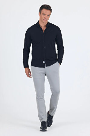 Siyah Uzun Kol Düz Örme Polo Yaka Cepsiz Esnek Classic Slim Fit Gömlek 1004250153_001