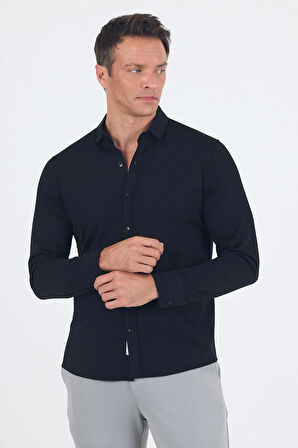 Siyah Uzun Kol Düz Örme Polo Yaka Cepsiz Esnek Classic Slim Fit Gömlek 1004250153_001