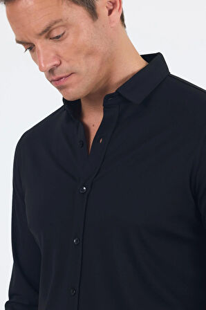 Siyah Uzun Kol Düz Örme Polo Yaka Cepsiz Esnek Classic Slim Fit Gömlek 1004250153_001