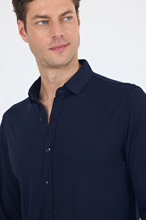 Koyu Lacivert Uzun Kol Düz Örme Polo Yaka Cepsiz Esnek Classic Slim Fit Gömlek 1004250153_200