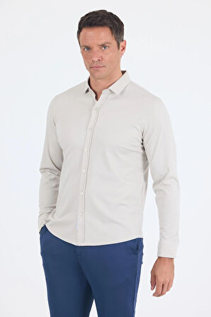Taş Rengi Uzun Kol Düz Örme Polo Yaka Cepsiz Esnek Classic Slim Fit Gömlek 1004250153_610