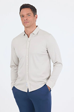Taş Rengi Uzun Kol Düz Örme Polo Yaka Cepsiz Esnek Classic Slim Fit Gömlek 1004250153_610