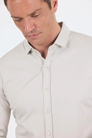 Taş Rengi Uzun Kol Düz Örme Polo Yaka Cepsiz Esnek Classic Slim Fit Gömlek 1004250153_610