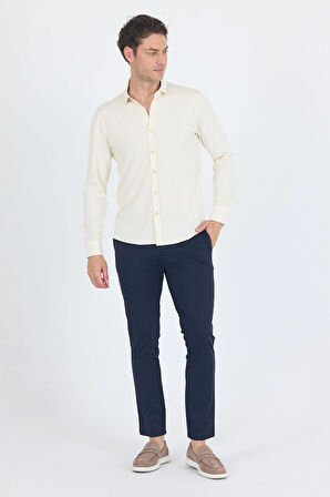 Açık Krem Uzun Kol Düz Örme Polo Yaka Cepsiz Esnek Classic Slim Fit Gömlek 1004250153_650