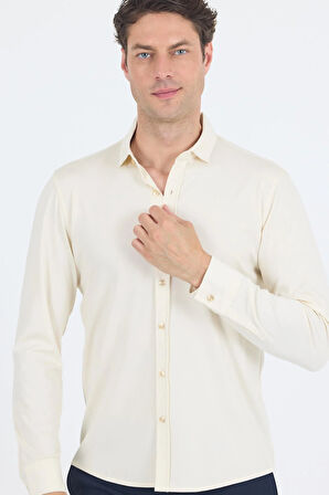 Açık Krem Uzun Kol Düz Örme Polo Yaka Cepsiz Esnek Classic Slim Fit Gömlek 1004250153_650