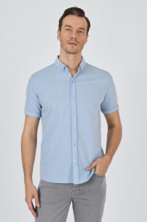 Koyu Mavi Kısa Kol Düz Örme Düğmeli Yaka Cepsiz Pamuklu Classic Slim Fit Gömlek 1004250155_300