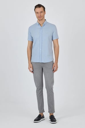 Koyu Mavi Kısa Kol Düz Örme Düğmeli Yaka Cepsiz Pamuklu Classic Slim Fit Gömlek 1004250155_300